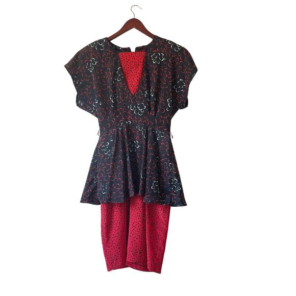 Vintage 80s Layered Peplum Midi Dress Black & Red Mixed Print Size Small - Picture 1 of 6